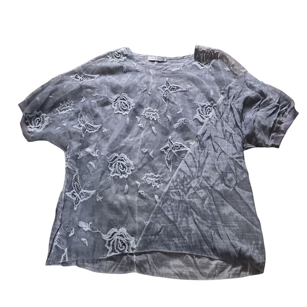 Simply‎ Couture Womens XL Lavender Grey Floral Butterfly Embroidered Dolman Top
